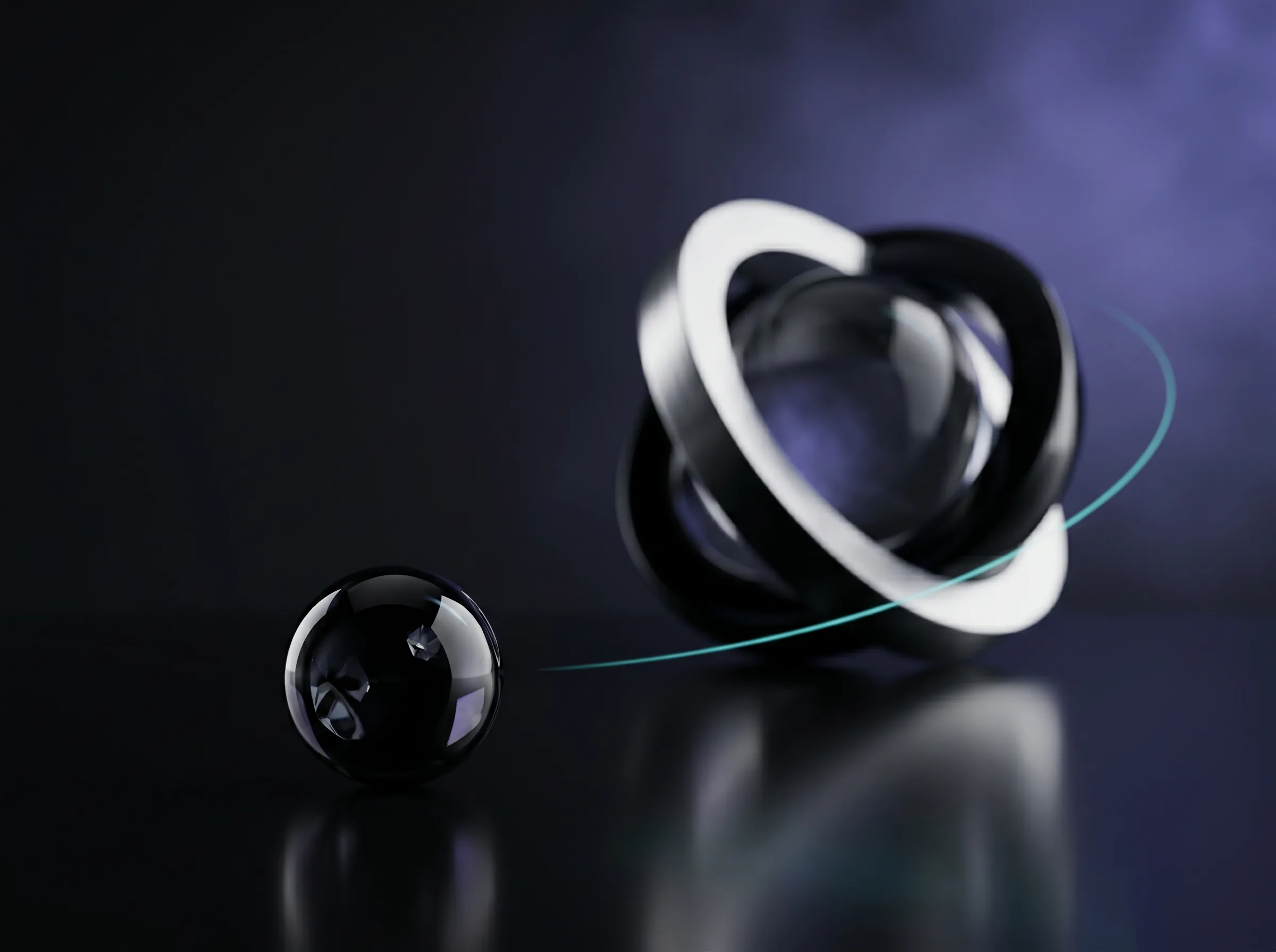 An obsidian sphere being directed toward a larger sculptural form in purple atmospheric haze with a teal arc connecting them