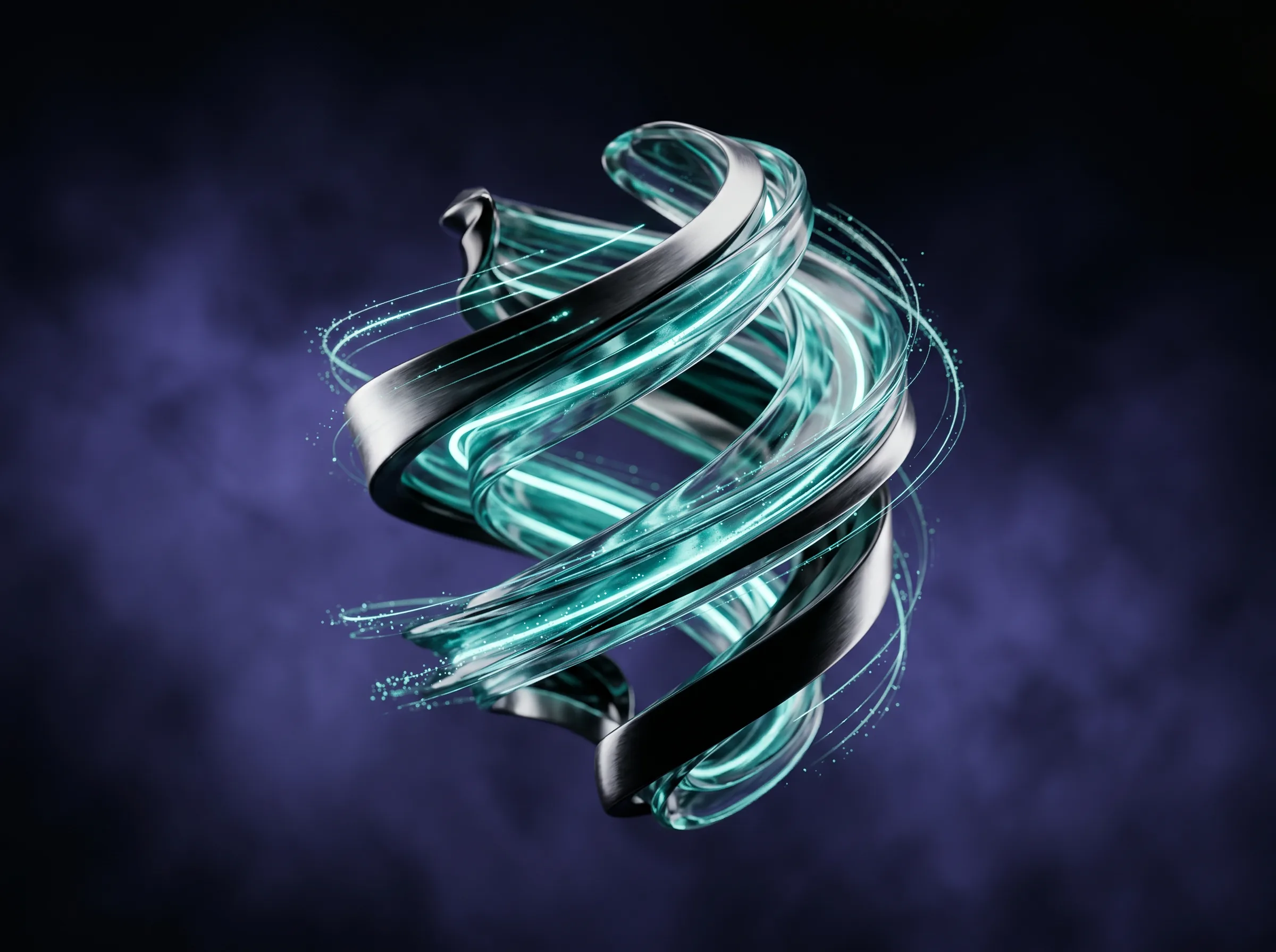A sculptural glass helix with internal teal glow and motion particles in atmospheric purple mist, suggesting work unfolding in real time