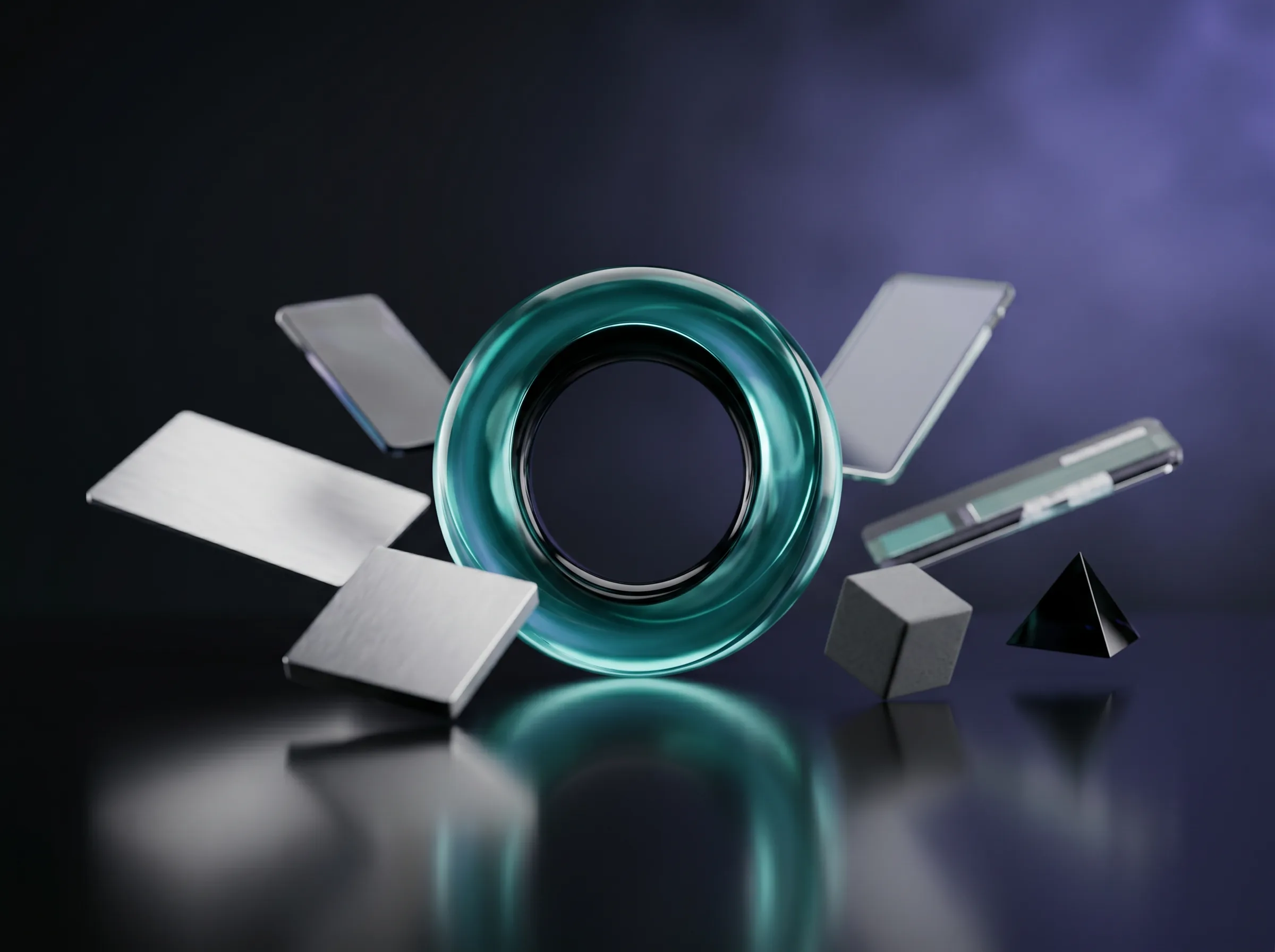 A central luminous teal ring with refined product forms radiating around it on a dark reflective surface, representing completed deliverables