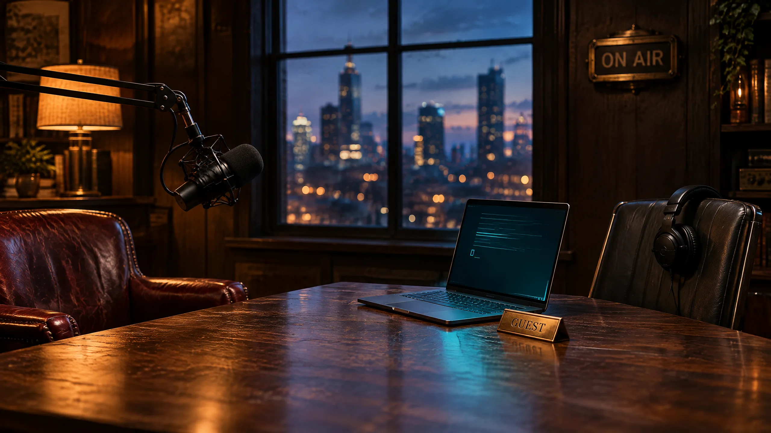 A recording room at dusk: a microphone on a boom arm, a leather chair, and across the table a second seat set with an open laptop, headphones and a brass nameplate reading GUEST.