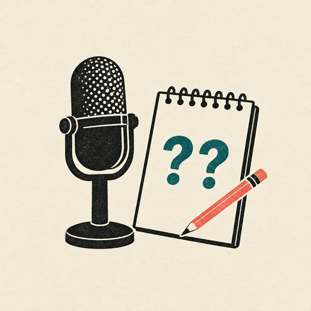A broadcast microphone beside a notepad marked with two question marks and a pencil.
