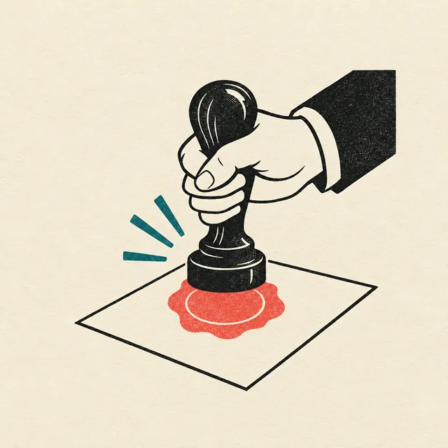 A hand presses a seal stamp onto a page, leaving a coral wax mark.