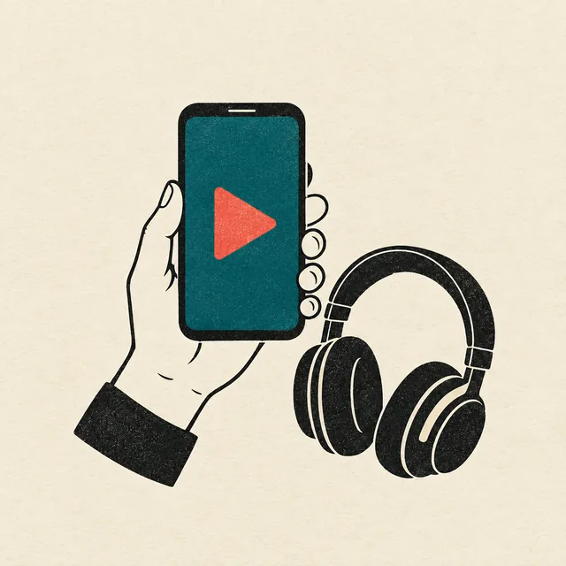 A hand holds a phone showing a play button, headphones beside it.