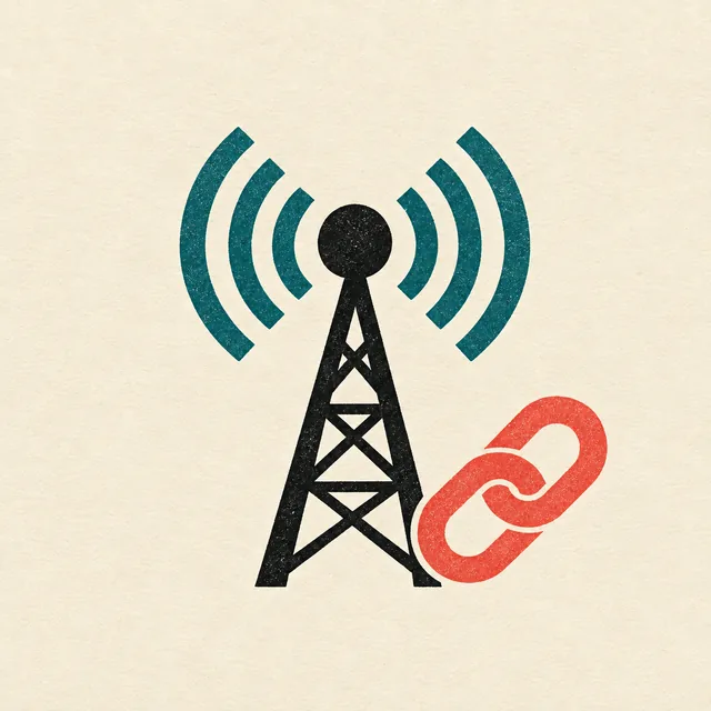 A broadcast mast sending out signal arcs, with a chain link at its base.
