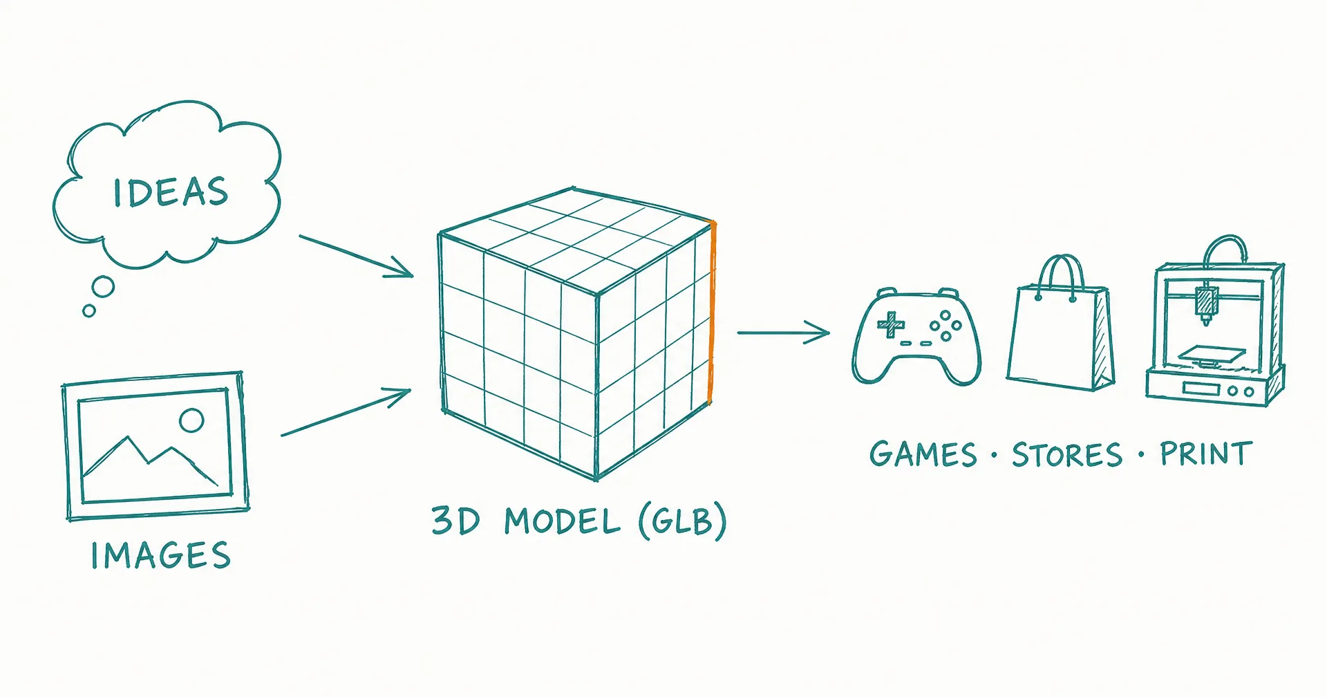 Hand-drawn diagram of ideas and images flowing into a wireframe 3D cube labeled GLB, with games, stores, and 3D printing as destinations
