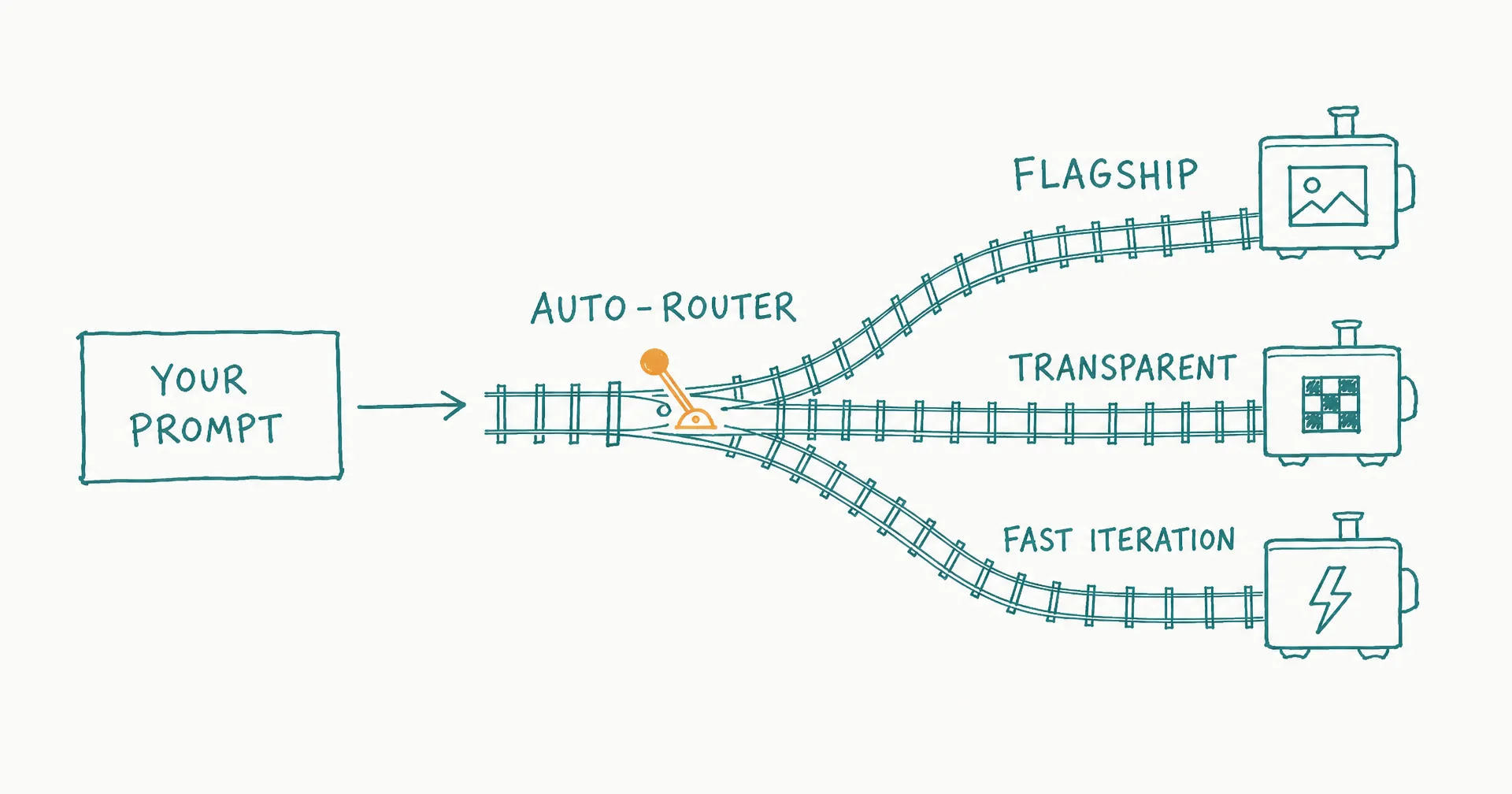 Hand-drawn diagram of a prompt entering a railway-switch router that directs it to one of three image engines: flagship, transparent, or fast iteration