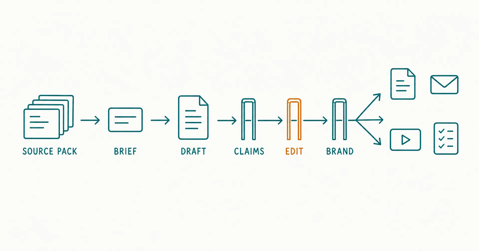 Napkin-style sketch of a content production line: a source pack box feeds a brief card, then a draft page moving through three stamped review gates, branching at the end into several small channel assets, with an amber highlight on the middle review gate