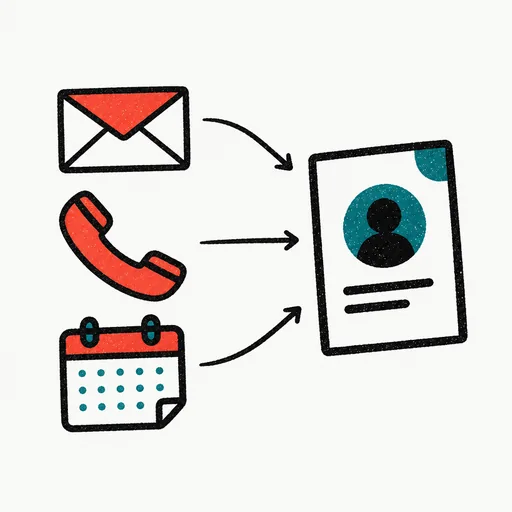 An envelope, a telephone handset and a calendar page flowing into one card, standing for contacts that fill in from the work.