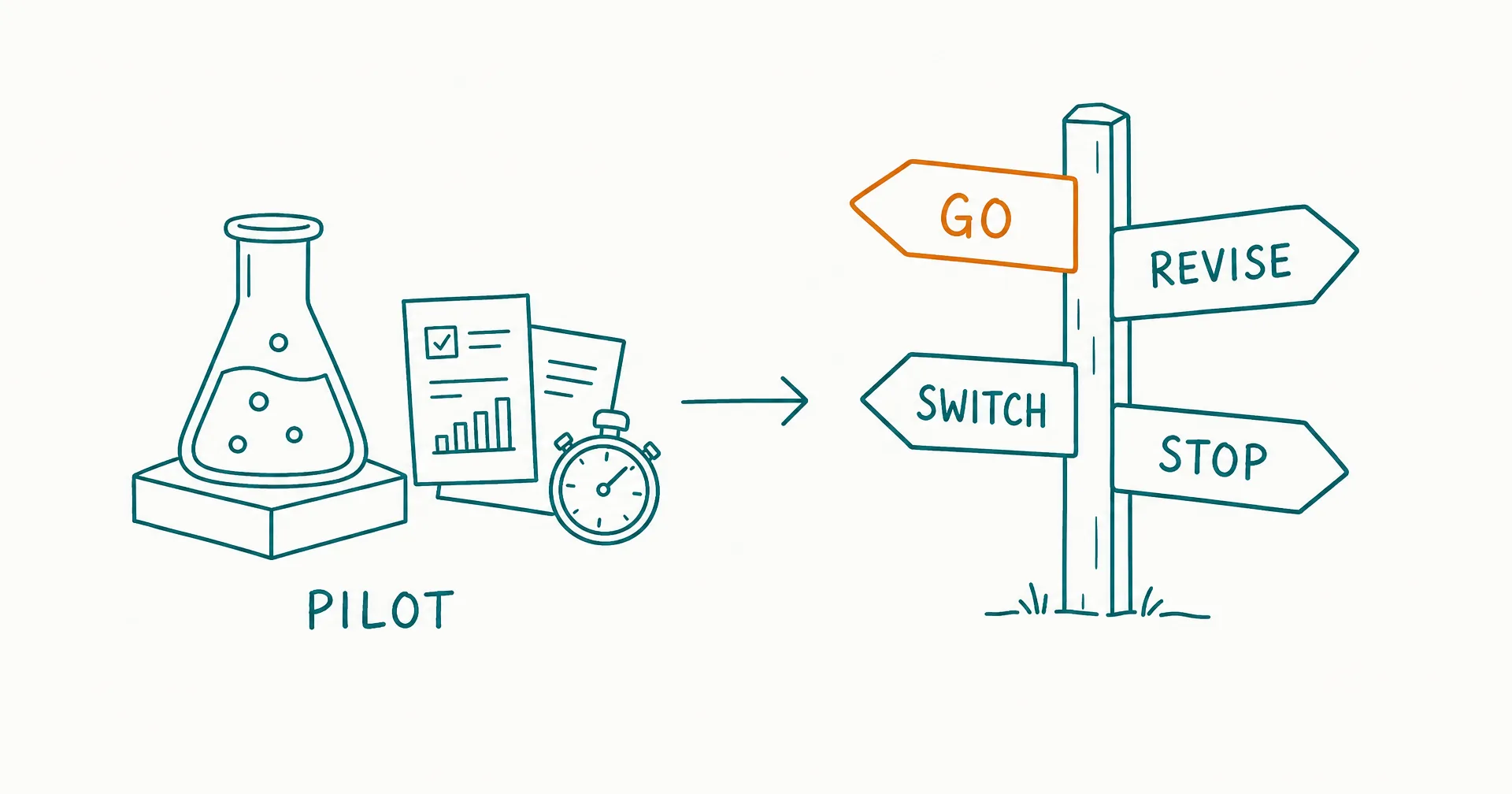 Napkin-style sketch of a laboratory flask on a pedestal feeding a four-way decision signpost labeled go, revise, switch, stop, with an amber highlight on the go arrow