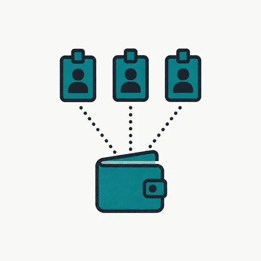 Three employee badges linked to one wallet, standing for one connection serving several employees.