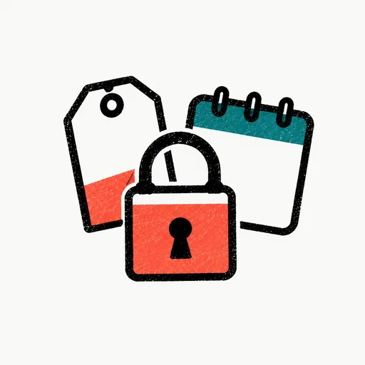A price tag and a calendar page behind a closed padlock, standing for the things it never commits to in the room.