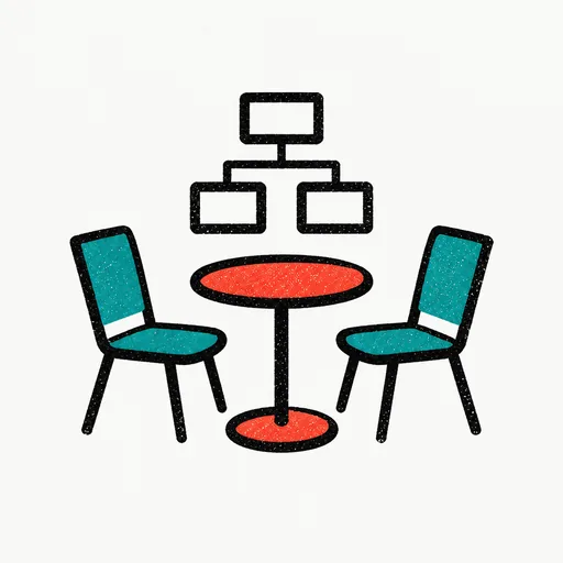 Two chairs at one table with a small org chart above, standing for several employees attending one meeting.