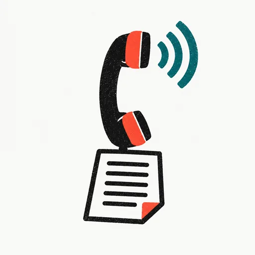 A handset with sound waves above a transcript page, standing for a call answered and written down.