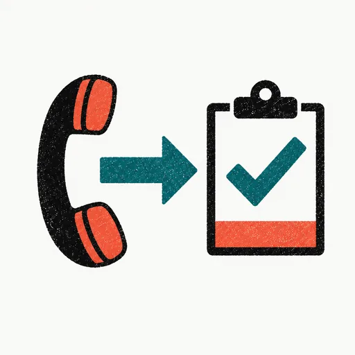 A handset with an arrow to a clipboard carrying a check mark, standing for a call placed to someone who asked for it.