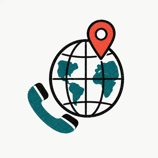 A globe with a map pin and a handset beside it, standing for local numbers abroad and calls anywhere.