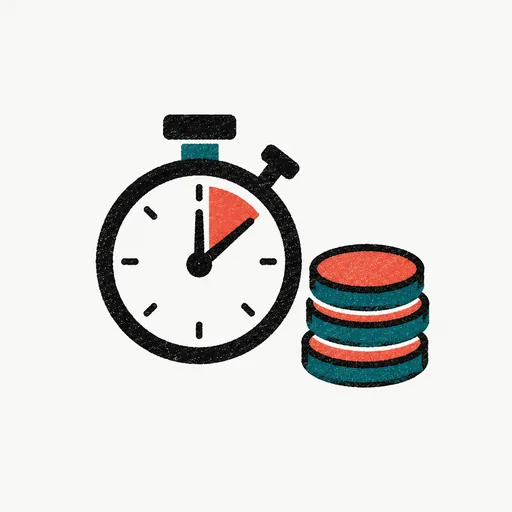 A stopwatch beside a stack of coins, standing for calls metered by time and a monthly charge.