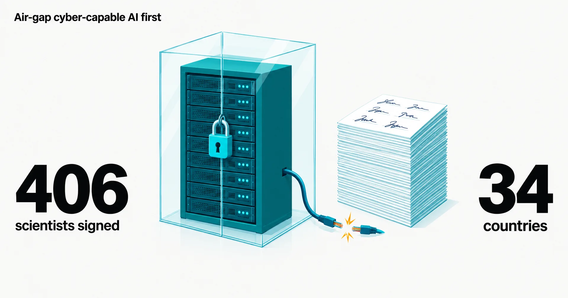 Data illustration on a near-white ground: a teal server rack locked inside a clear glass box with its network cable cut, beside a stack of signed letters, with the figures 406 scientists signed and 34 countries