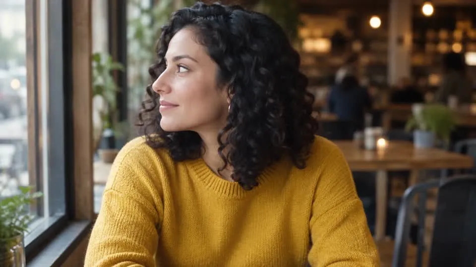 A woman with dark curly hair and a mustard sweater looking out of a café window