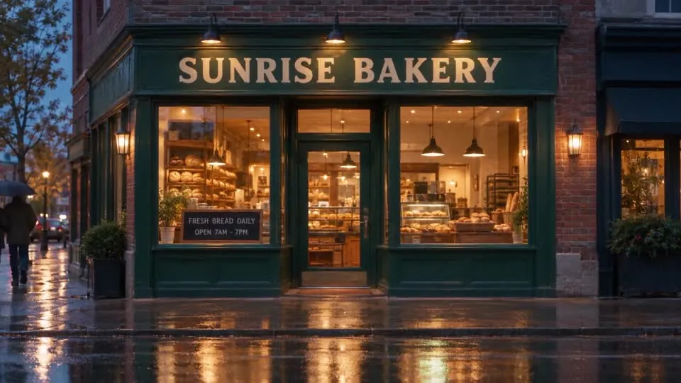 A green bakery storefront at dusk in the rain, a large SUNRISE BAKERY sign above and a small chalkboard in the window