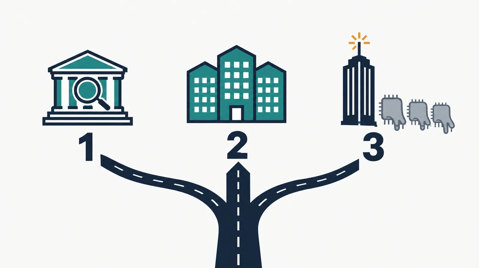 Data illustration on a near-white ground: three paths branching from one road, the first to an inspector's building, the second to one large merged building, the third to a single tower beside grey, melted GPU chips, under the numbers 1, 2 and 3