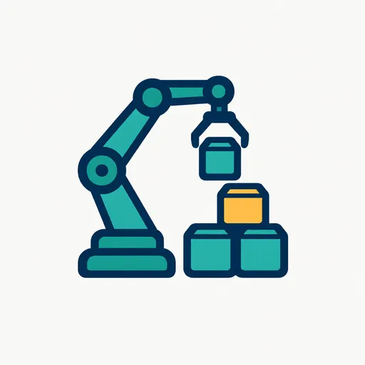 A robot arm placing boxes on a stack, one box amber.
