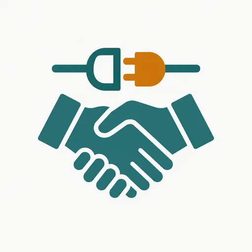 A handshake beneath a plug meeting a socket: the connection a business agreed to.
