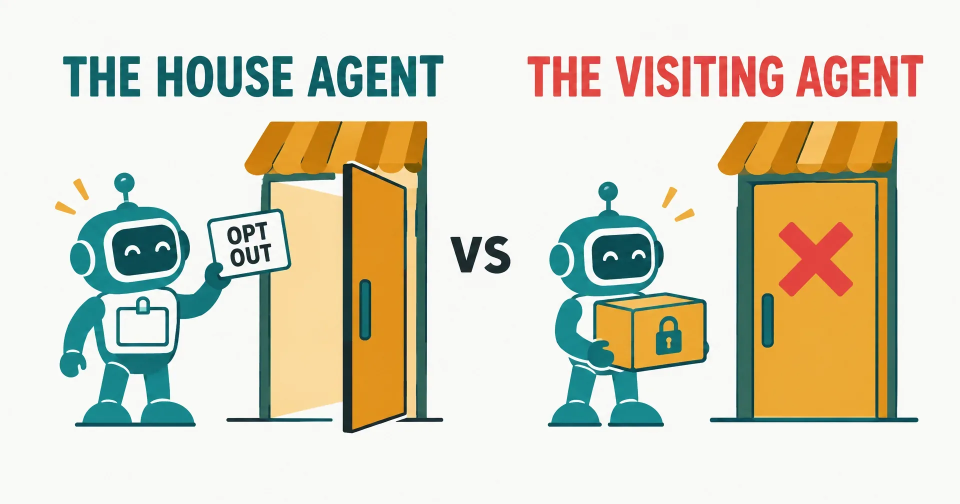 Two robots at two storefront doors headed THE HOUSE AGENT and THE VISITING AGENT: the left robot wears a badge and holds an OPT OUT card before an open door, the right robot has no badge, carries a padlocked box, and faces a shut door marked with a red X