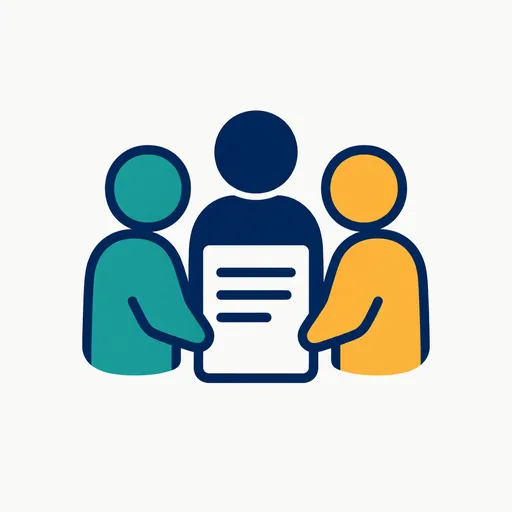 Three people figures around one shared document.