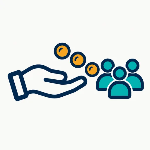 One hand passing coins to three small figures.