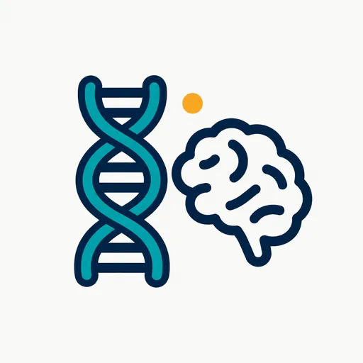A DNA helix next to a small brain outline.