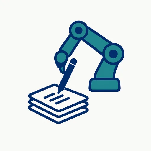 A robot arm writing on a stack of pages.