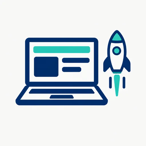 A laptop with an app window and a rocket lifting off.