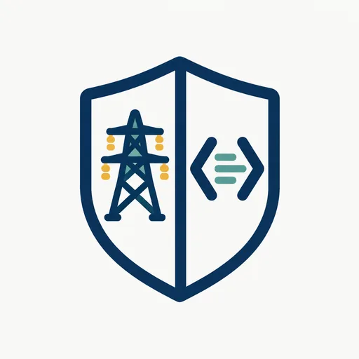 A shield over a power pylon and a code bracket: one mission, two fronts.