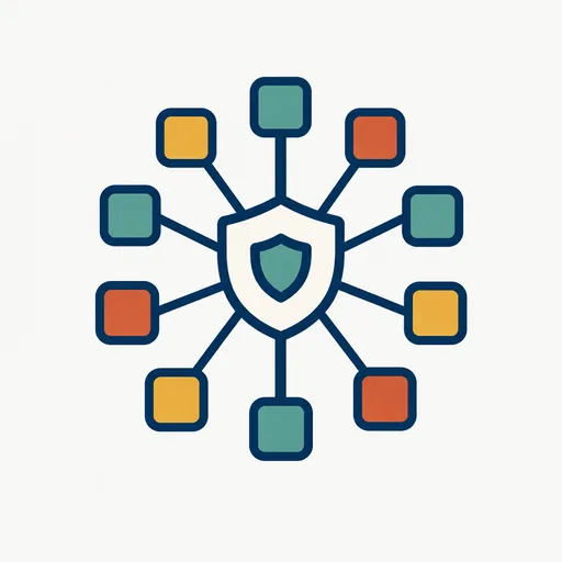 A ring of colored tiles linked to one shield: many partners in one program.