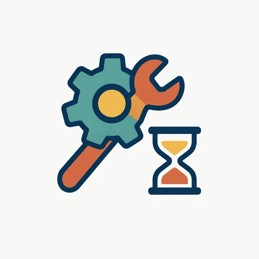 A wrench on a gear beside an hourglass: fixes take time.