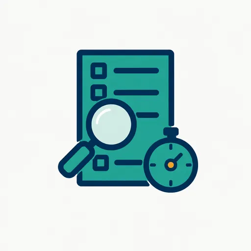 A magnifier over a checklist with a stopwatch: evaluation on a clock.