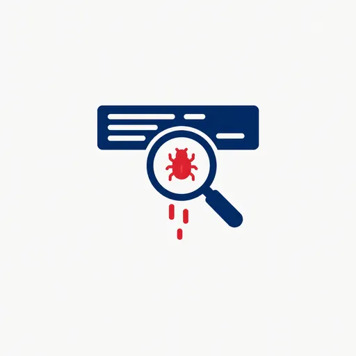 A magnifier over a red bug falling from a code strip.