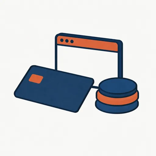A key card next to a small terminal window and a stack of tokens: access credits rather than cash.