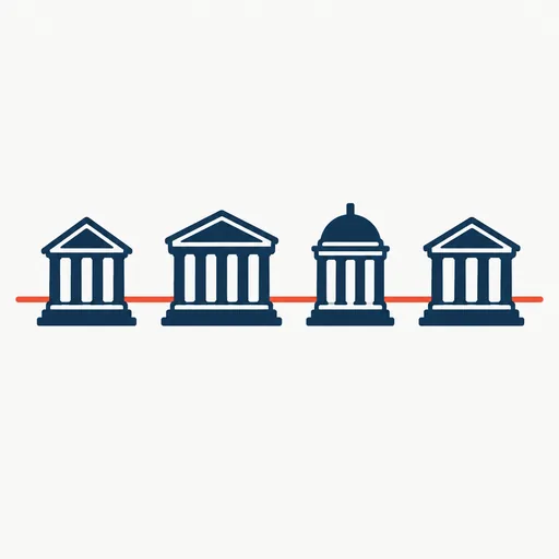 A row of fifteen small government buildings joined by one line: many agencies, one mission.