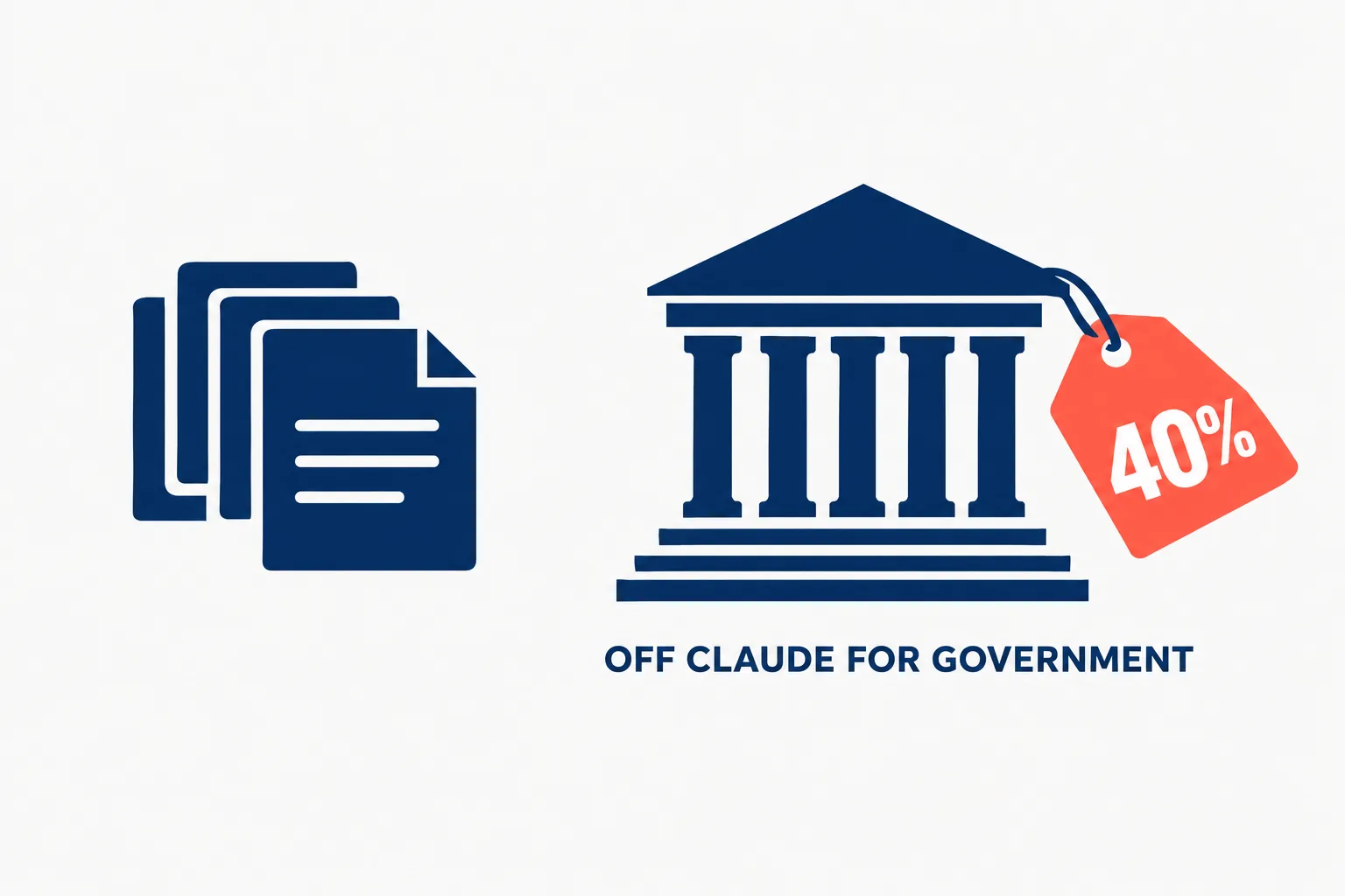 Editorial data illustration on a near-white ground: a navy government building with columns, a coral price tag reading 40% hanging from its roof, and a stack of navy documents beside it