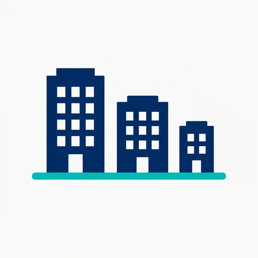 Three buildings of different sizes on one line.