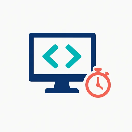 A monitor with a code symbol and a stopwatch.