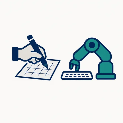 A hand drawing a plan beside a robot arm typing.
