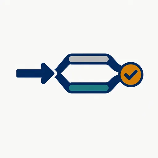One arrow splitting into two lanes that meet at a check mark.
