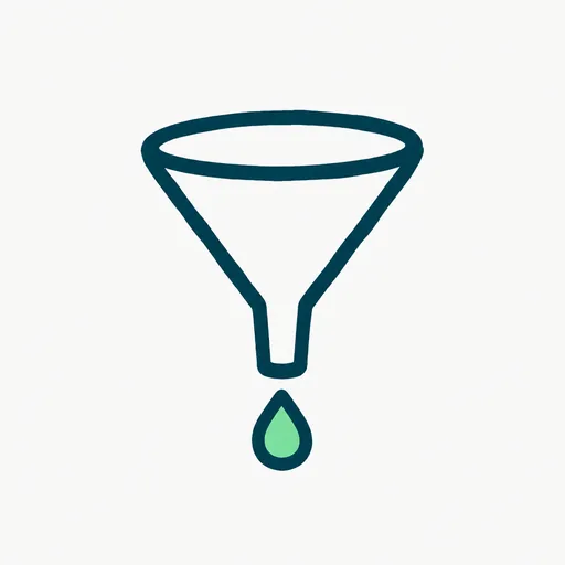 A funnel seen from the side, wide at the top, one drop falling from the spout.