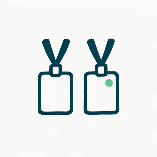 Two name badges on lanyards side by side, one marked with a dot.