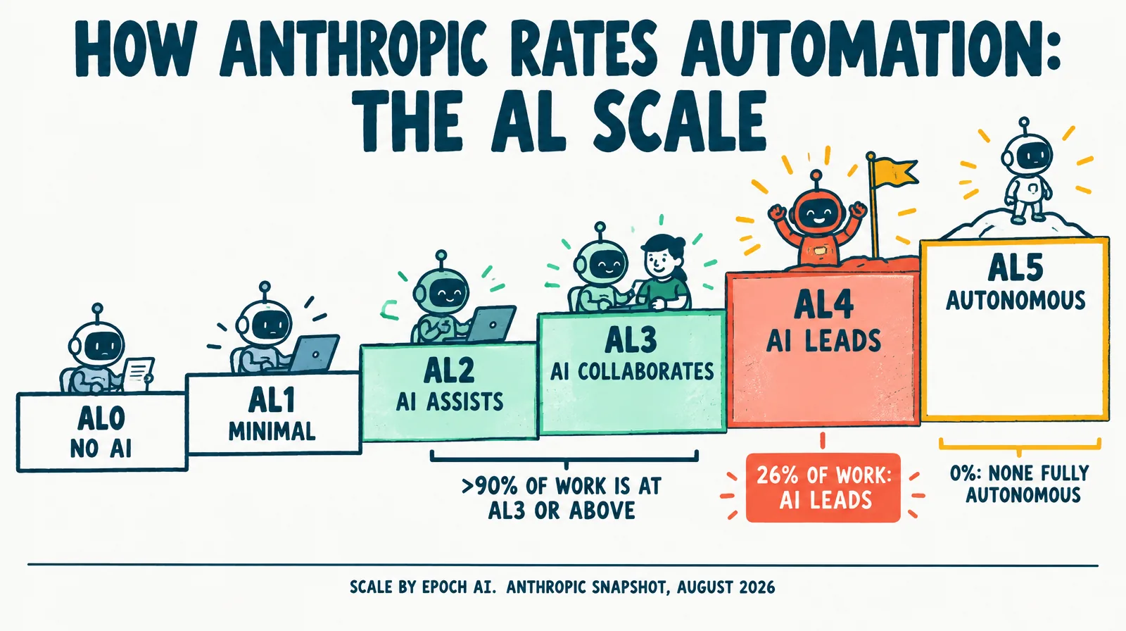 Illustration of a six-step staircase labelled AL0 no AI through AL5 autonomous, a bracket under AL2 and AL3 reading above 90% of work is at AL3 or above, a highlighted callout at AL4 reading 26% of work AI leads, and a note at AL5 reading none fully autonomous, footnoted scale by Epoch AI, Anthropic snapshot August 2026