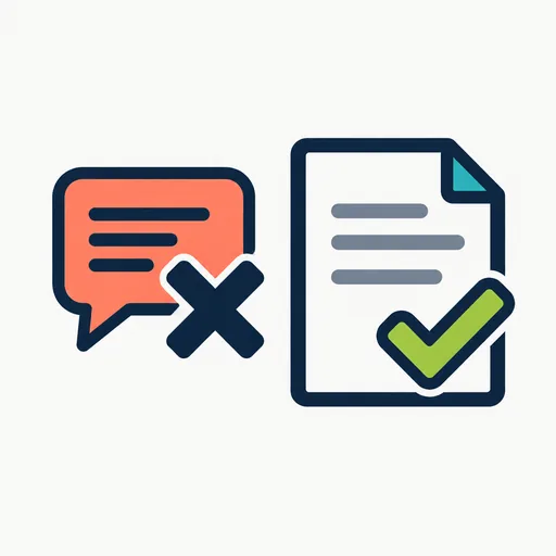 A speech bubble with a cross beside a document with a check mark.