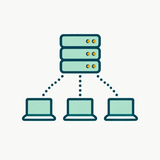 A server stack linked to small laptops: the server does the work.