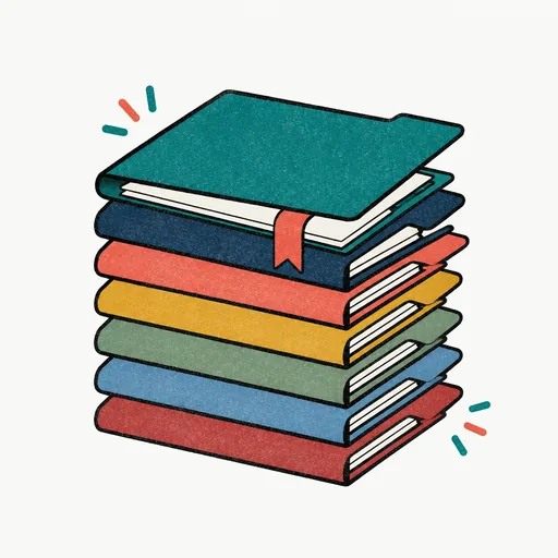 A stack of seven report folders in seven colors, the top one open with a red bookmark: seven harm areas in one document.